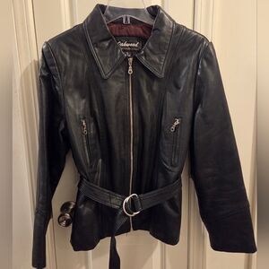 Vintage Black Oakwood SOFT Leather Motorcycle Jacket w/ belt LARGE